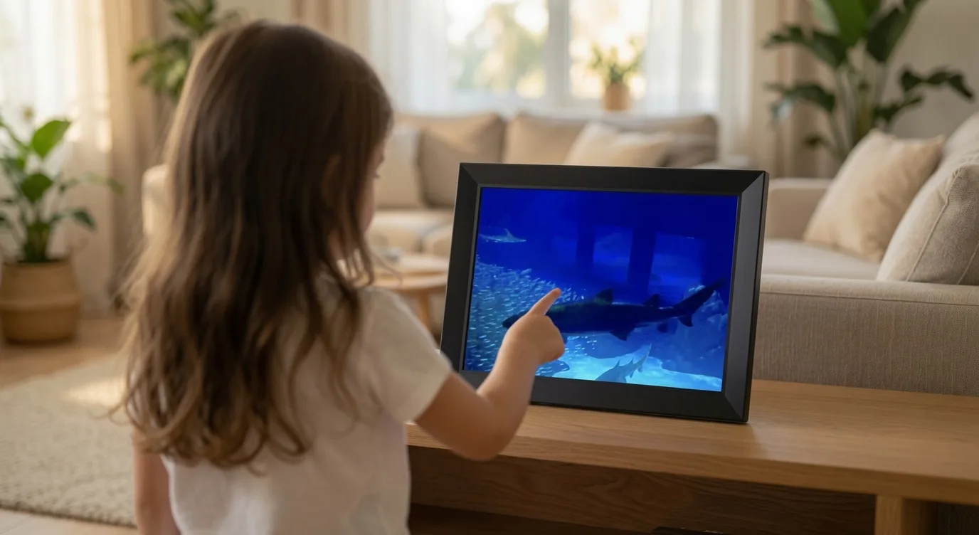 A little girl pointing up at a LiveFrame showing an aquarium.