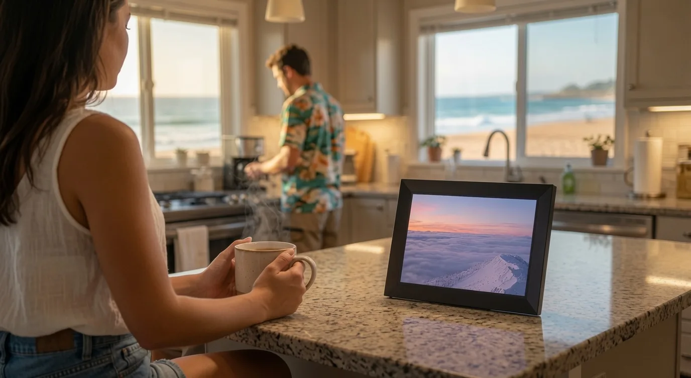 Someone in their kitchen making breakfast with a LiveFrame showing a sunrise.