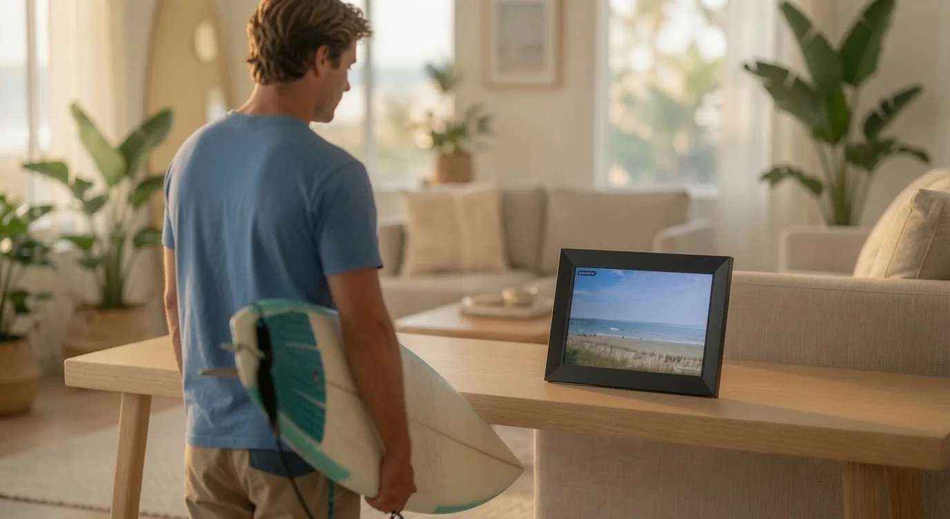 A surfer holding his board at home, pointing at a LiveFrame showing a wave.